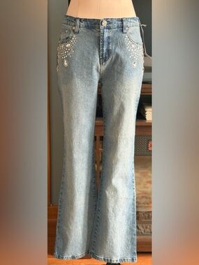 Diane Gilman Light Blue Embellished Flare Jeans